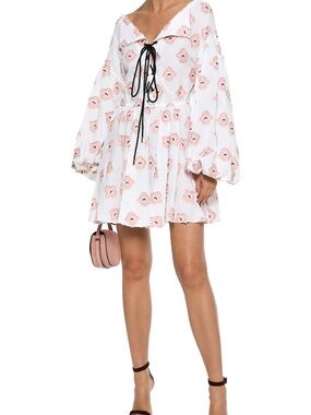CAROLINE CONSTAS - White Mini Dress with Blush Floral Print and Black Front Tie